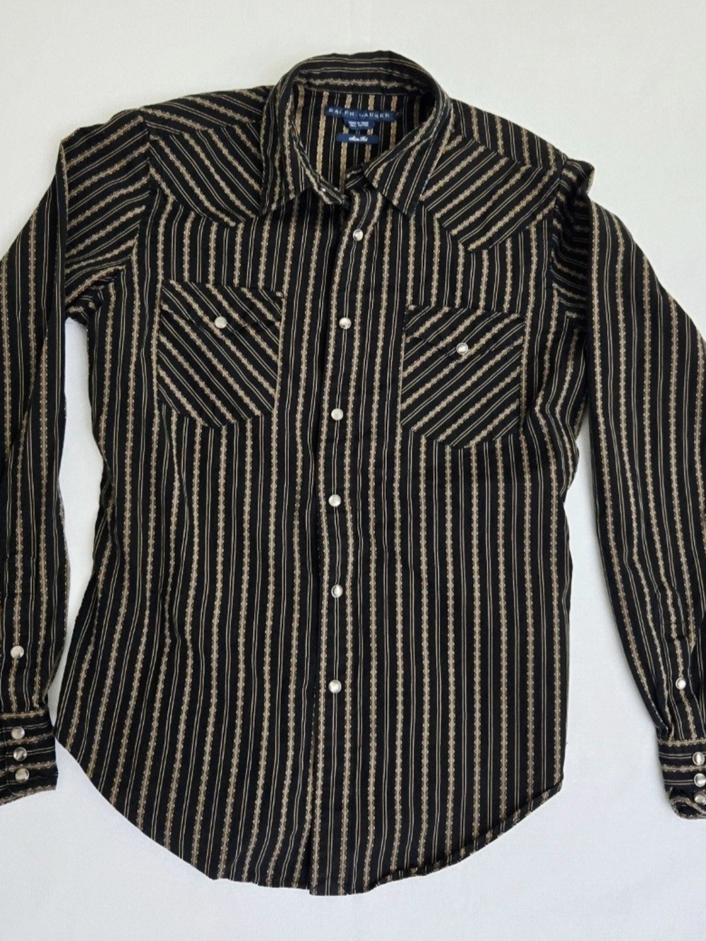 Ralph Lauren Black with Gold Striped Western Snap Front Shirt, Size 10